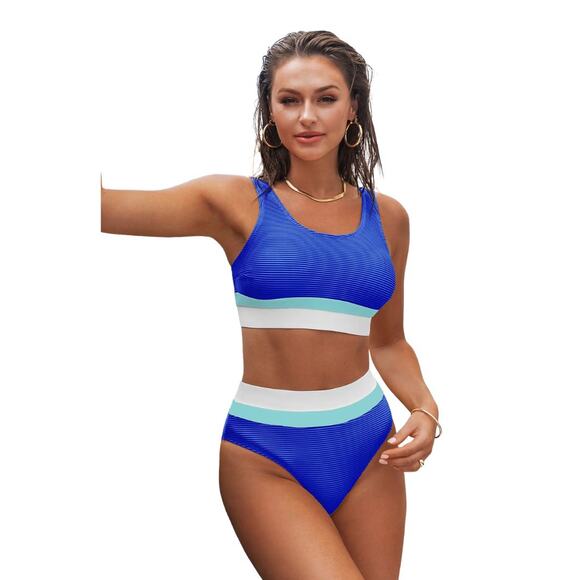 Cupshe Women's Sunny Blue Colorblock Bralette & Banded High Waist Bikini Set M - Picture 1 of 9